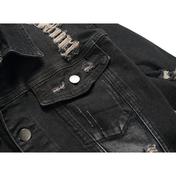 Men's Jean Jacket Distressed Slim Denim Jacket Long Sleeve Button Down Black7013 - Picture 6 of 9